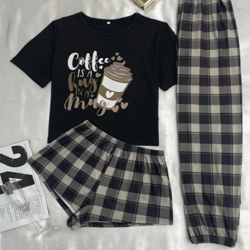 Ensemble pyjama 3 pièces confortable pour femmes, Style décontracté, manches courtes, col rond, haut