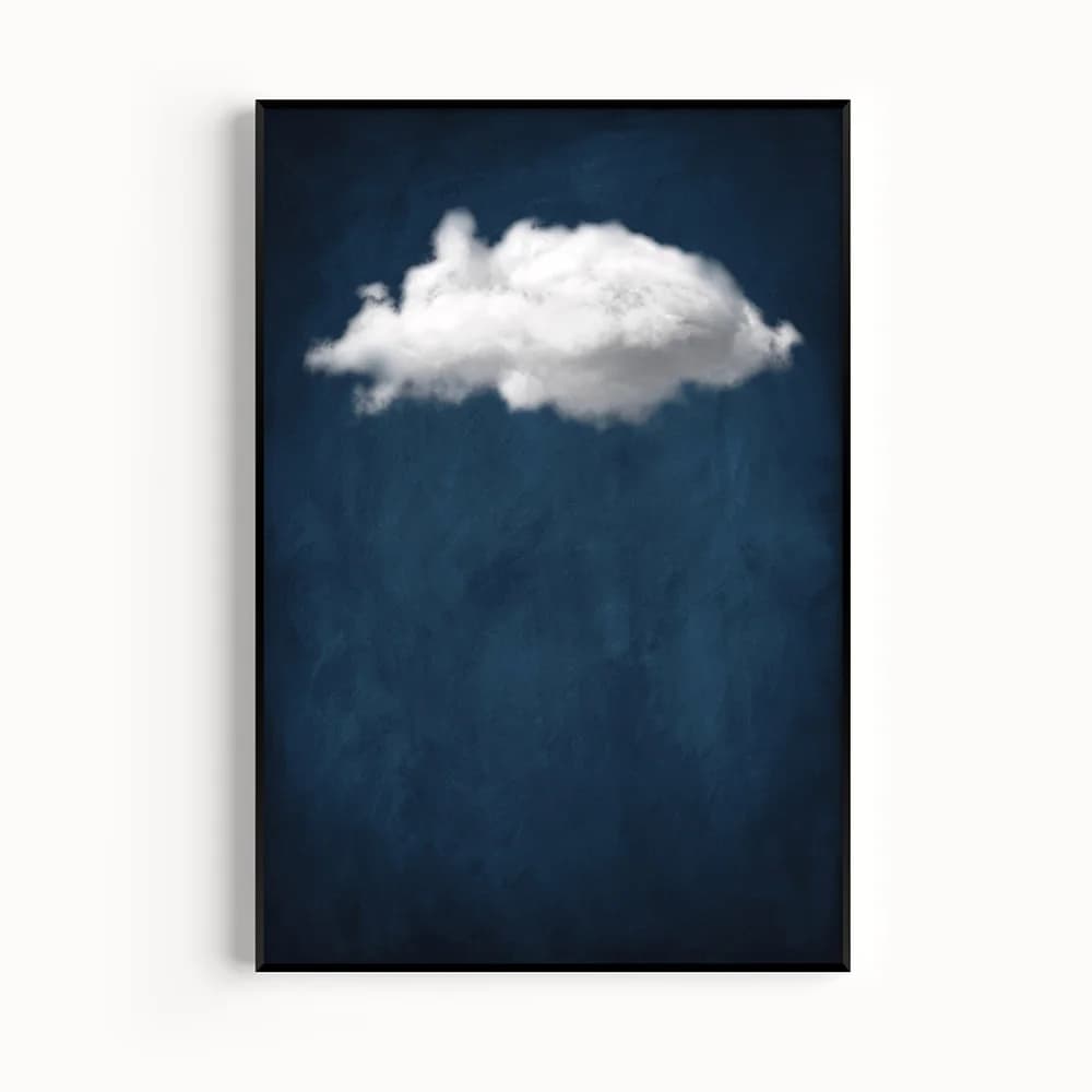 Peinture sur toile minimaliste de nuit d'indigo pour le salon, art de mur de ciel bleu de nuage blan