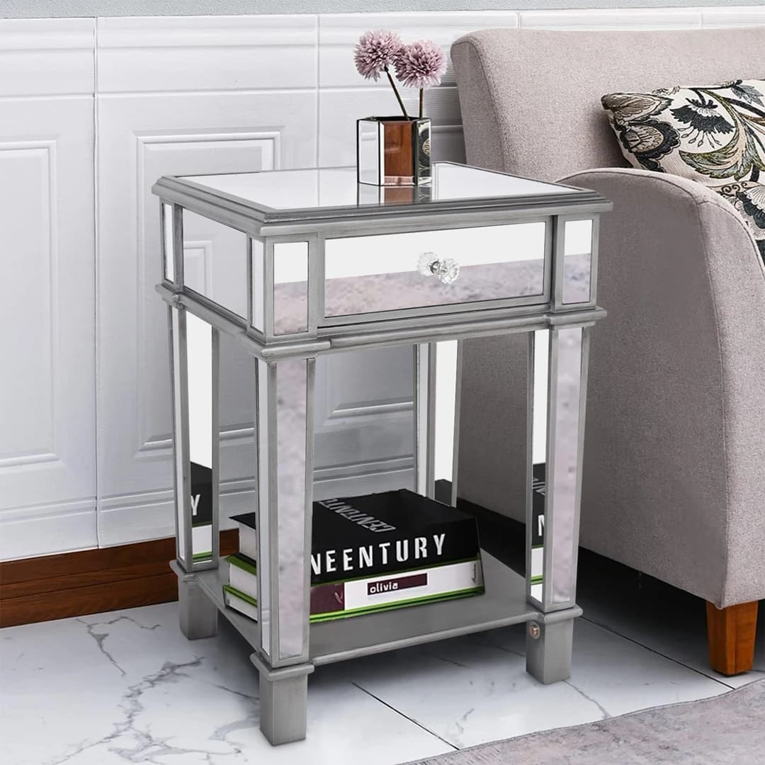 Table de chevet latérale miroir en verre argenté, avec étagère ouverte, Design moderne pour chambre 