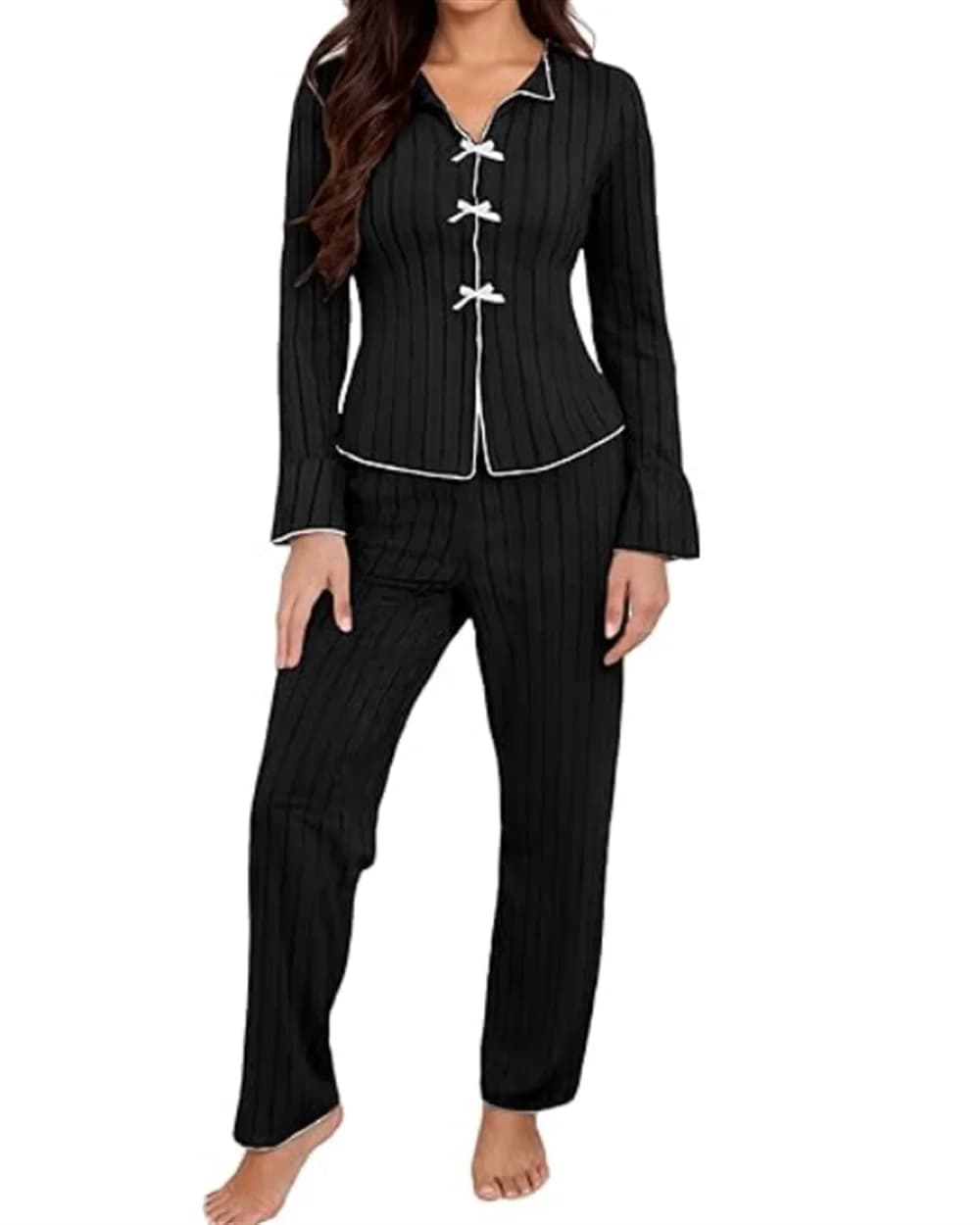Ensemble de pyjama en tricot côtelé à manches longues pour femmes, haut boutonné et pantalon long, e