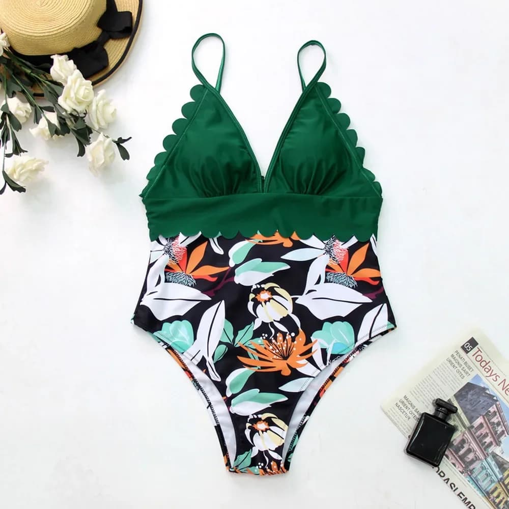 Maillot de bain une pièce taille haute, sexy, col en v, push up, col licou, garniture festonnée, vêt