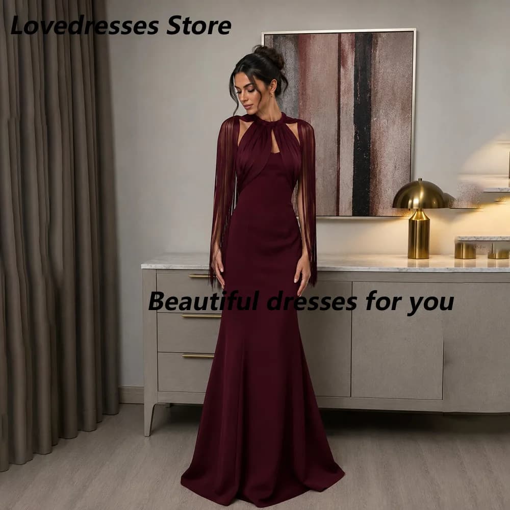 Robe de soirée bordeaux personnalisée, col rond, à franges, manches longues, en jersey, coupe sirène