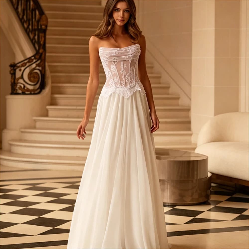 Robe de mariée blanche sans bretelles en dentelle transparente, corset fluide en mousseline, robe de