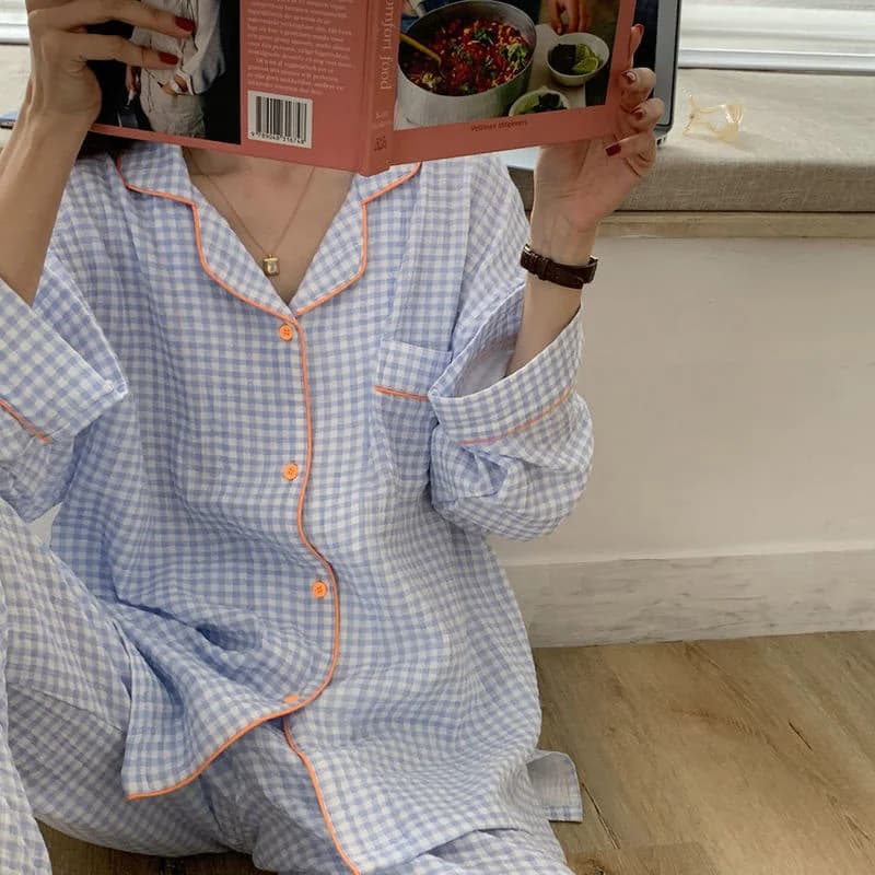 Pyjamas en coton pour femmes vêtements de nuit coréens femme 2 pièces ensemble Pijama Plaid vêtement