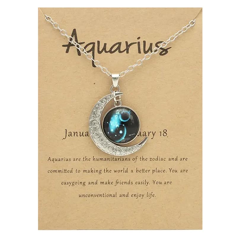 Collier pendentif lune en verre, 12 signes du zodiaque, avec carte, Vintage, astrologie, Constellati