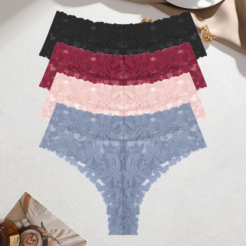 FINETOO Lot de 4 culottes sexy en dentelle florale pour femme, taille haute, ajourées, en tissu doux