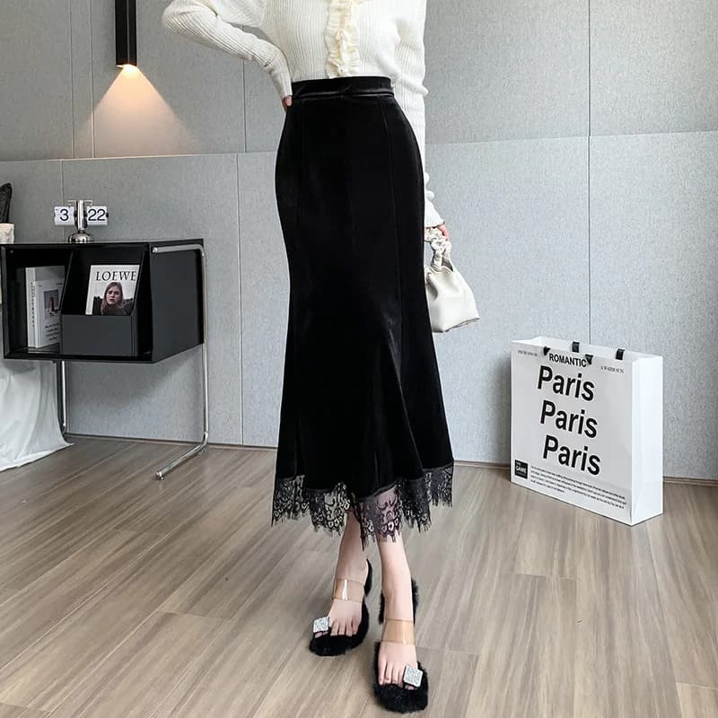 Jupe mi-longue en velours pour femmes, automne 2025, avec pull, dentelle, Patchwork, moulante, fente