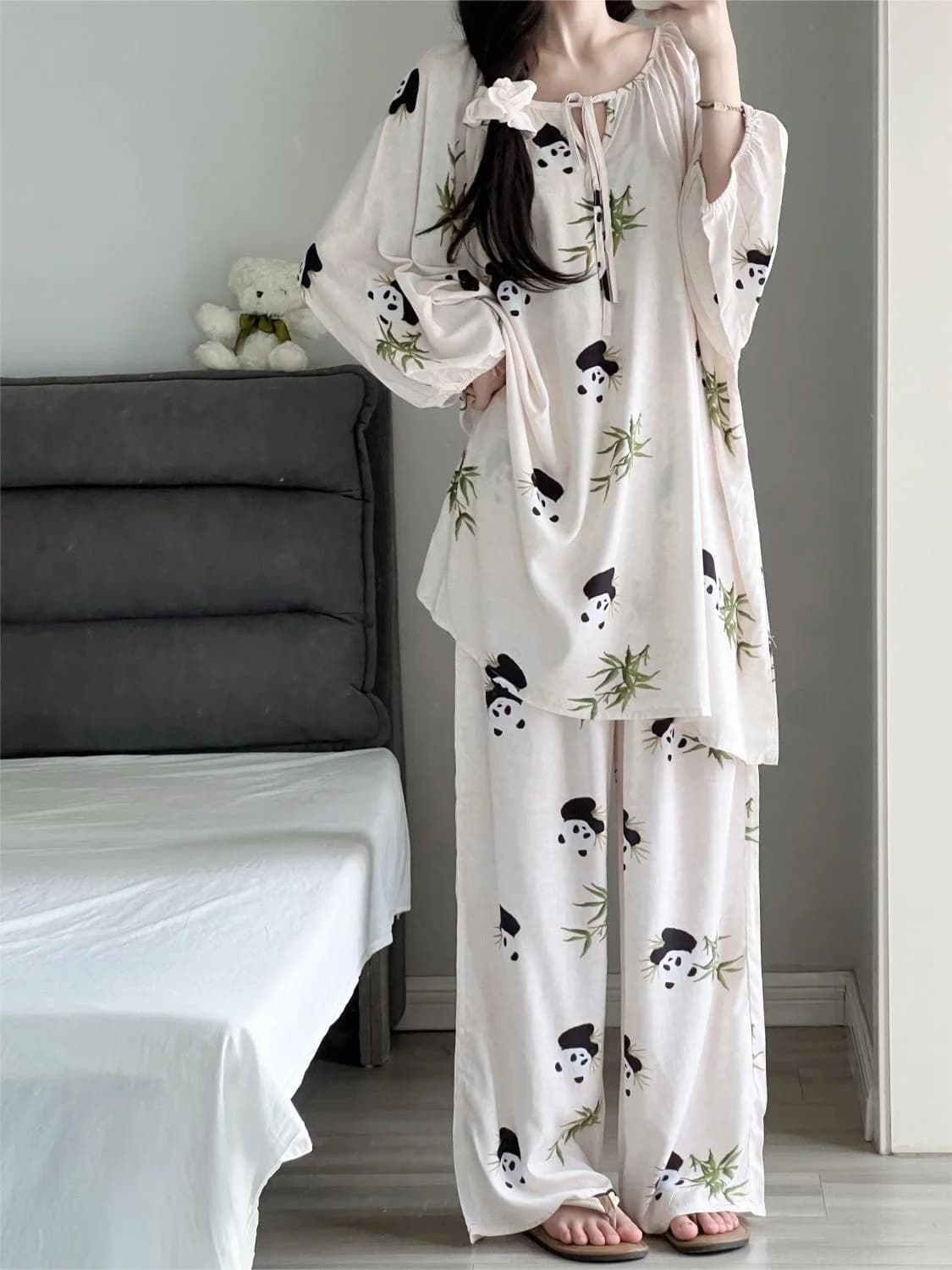 Pyjama populaire pour femmes, imprimé panda et léopard, imitation coton, style printemps-automne, no