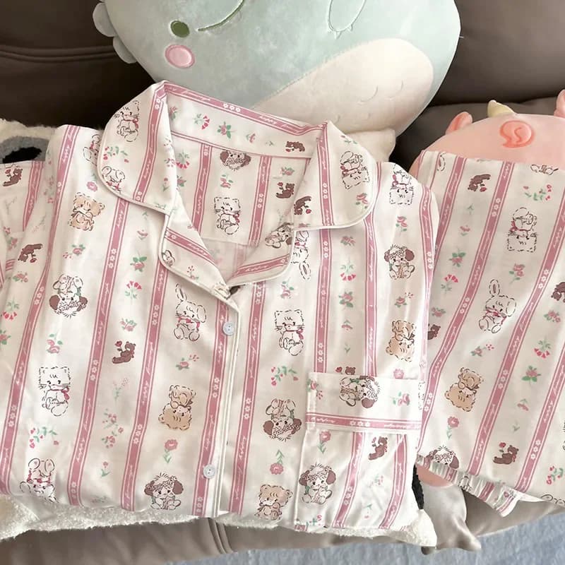 Pyjama rayé en Satin de soie pour femmes, doux dessin animé japonais, chat mignon, manches longues, 