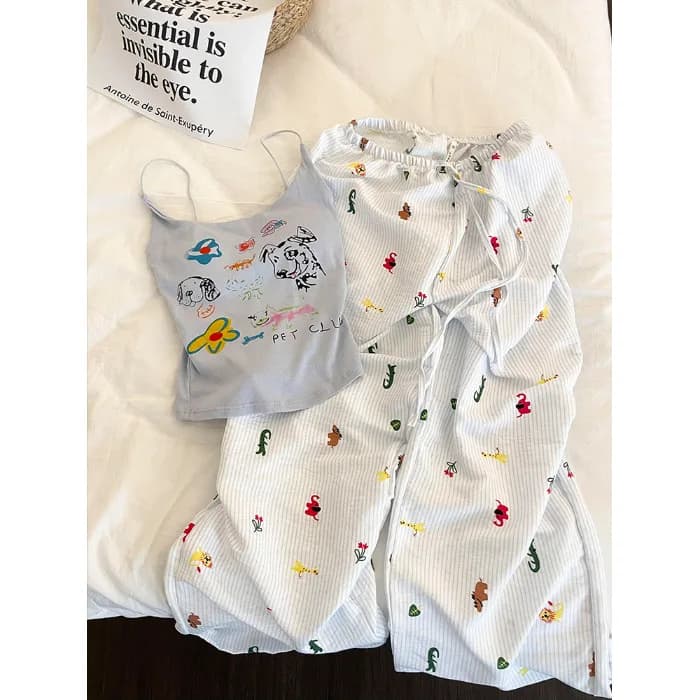 Ensemble pyjama imprimé chiot pour femme, 2 pièces, camisole et pantalon long avec soutien-gorge int