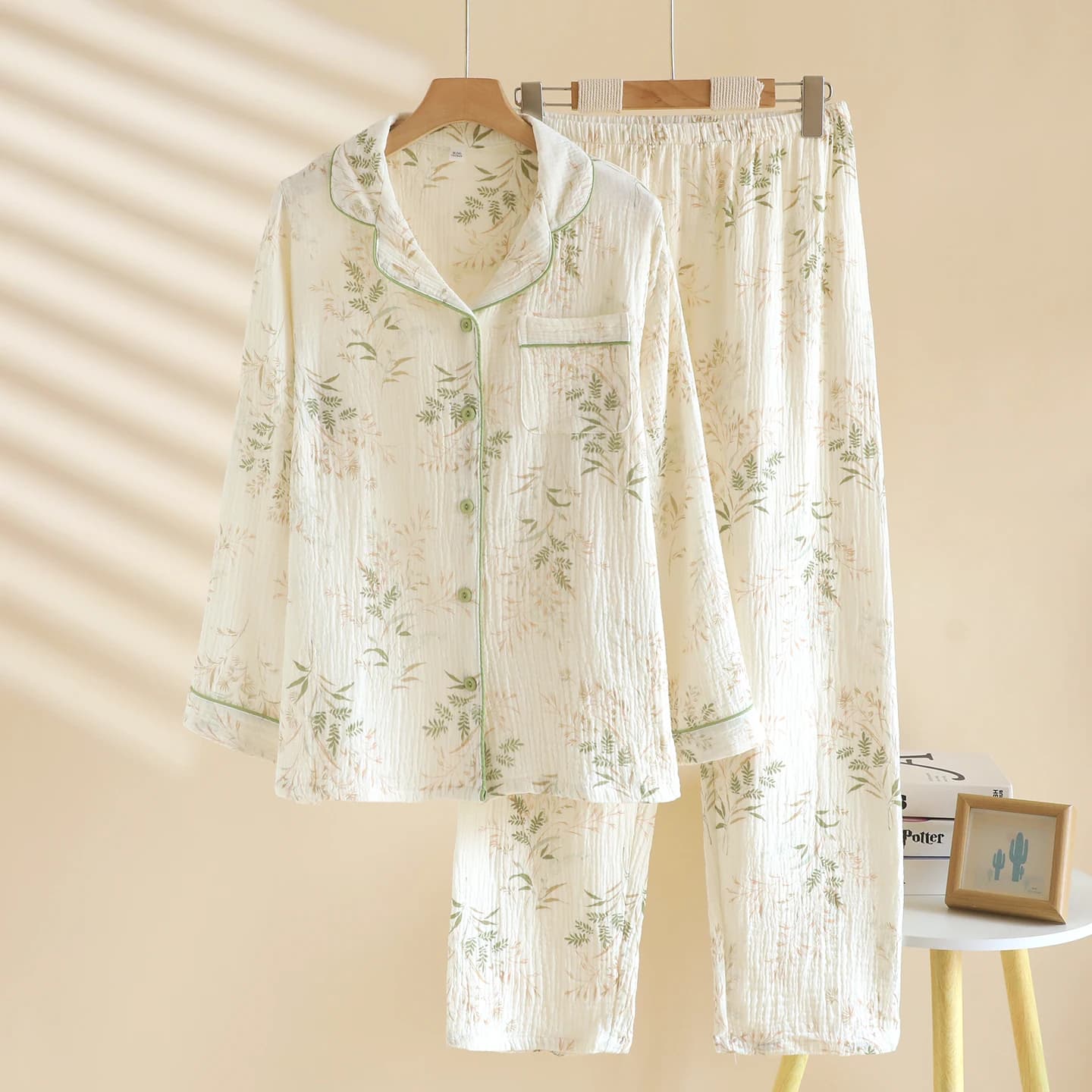 Ensemble de pyjama minimaliste japonais pour femme - Vêtement de nuit en coton double gaze, col bout