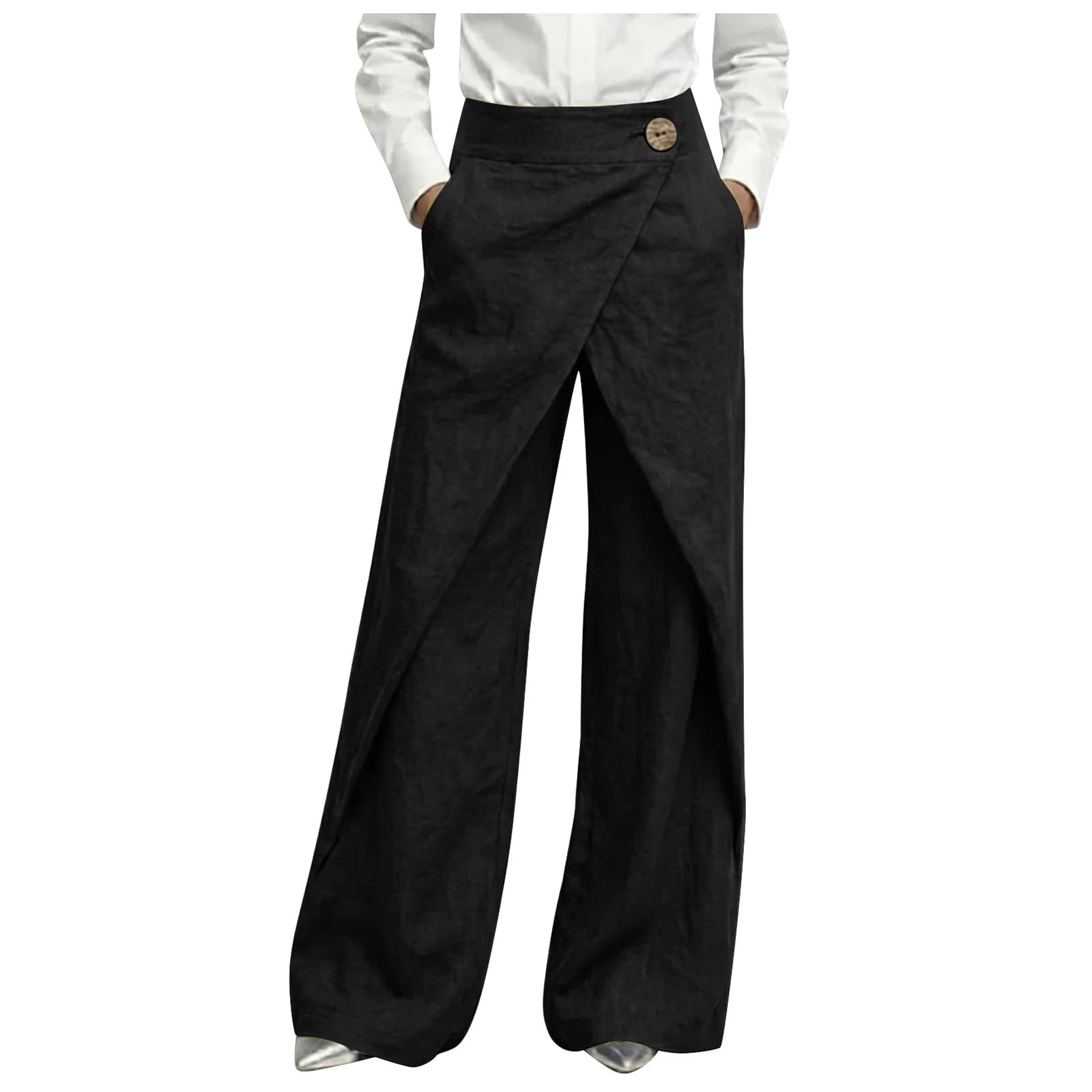 Pantalon de costume asymétrique chic à bouton unique, taille haute, drapé, coupe large pour femme, g
