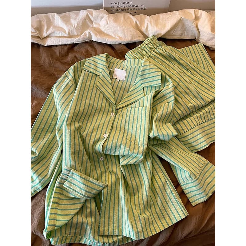 Pyjama rayé vert à manches longues pour femme, nouvelle collection printemps 2026, ensemble décontra