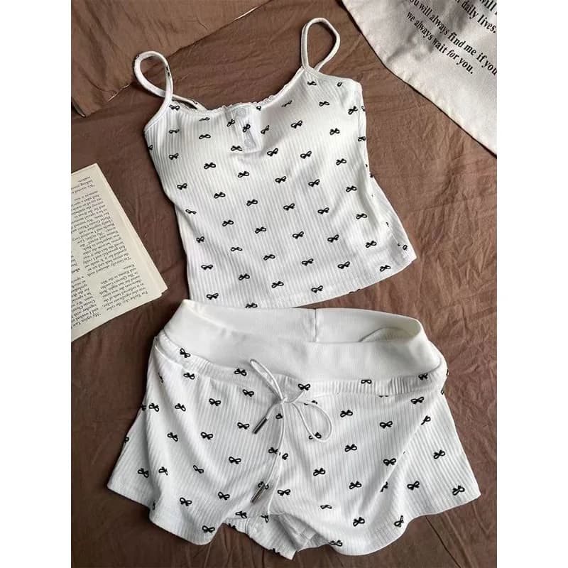 Ensemble de pyjama d'été pour femme avec nœud, débardeur et short, 2 pièces, décontracté, respirant,