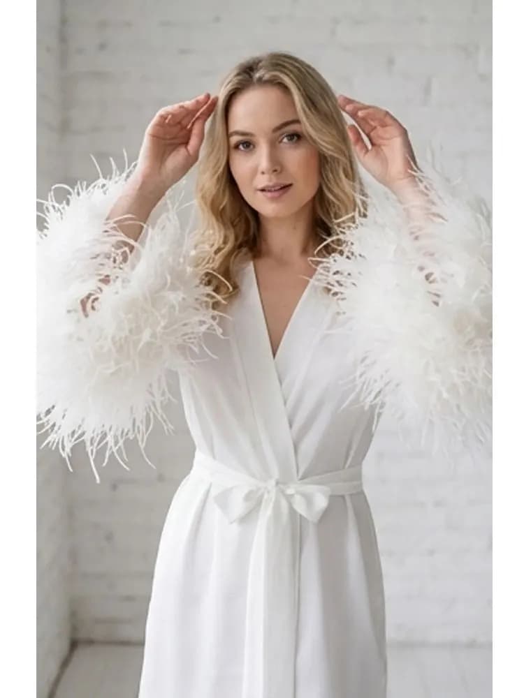 Robe de mariée de luxe en soie avec manches à plumes et sequins, peignoir de boudoir, lingerie de ma