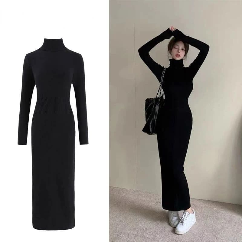 Robes noires à col roulé pour femmes, couleur unie, slim, vêtements d'automne, longueur cheville, mo