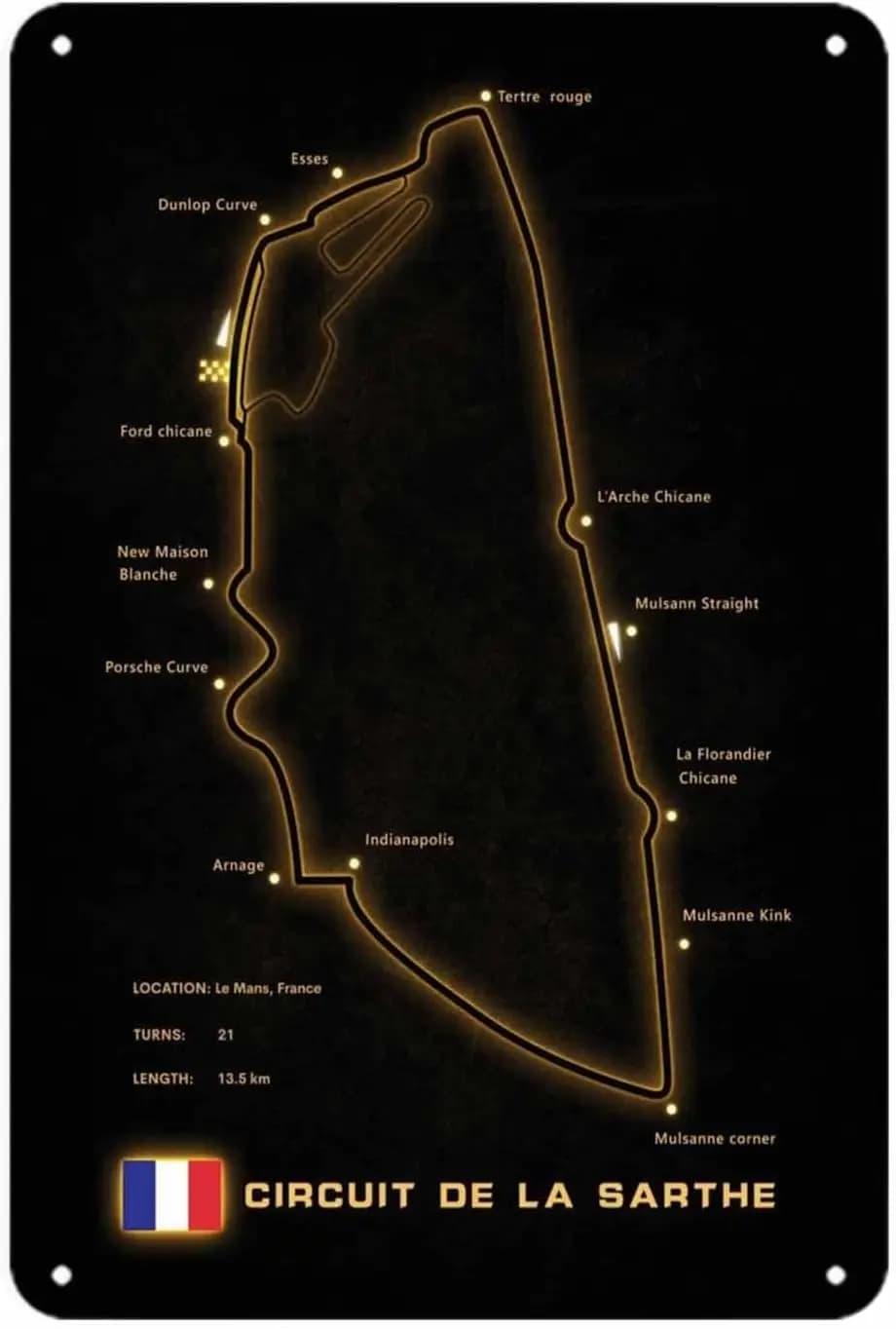 Circuit de la Sarthe carte Le Mans 24 heures course Vintage France signe en métal impression décorat