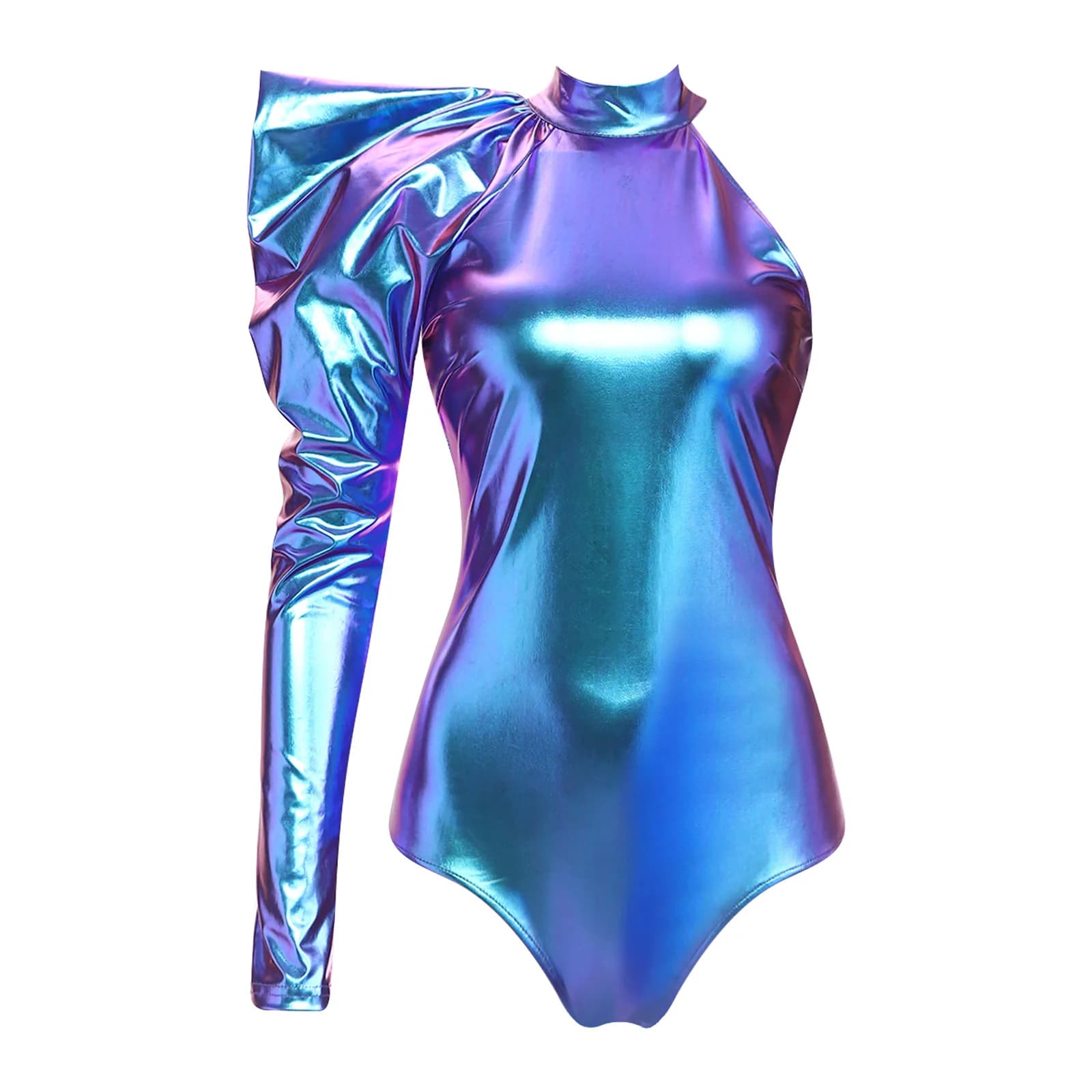 Combinaison asymétrique à manches longues bouffantes et épaule dénudée pour femme, style body métall