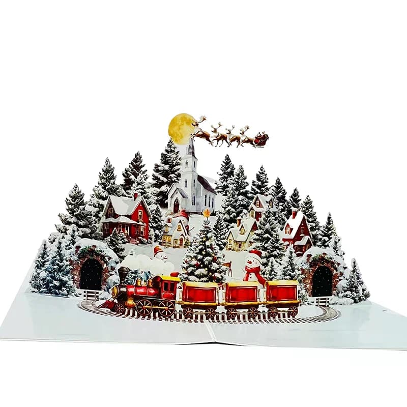 Carte de noël 3D, scène de nuit avant noël avec père noël, renne, Village enneigé et ciel clair de l