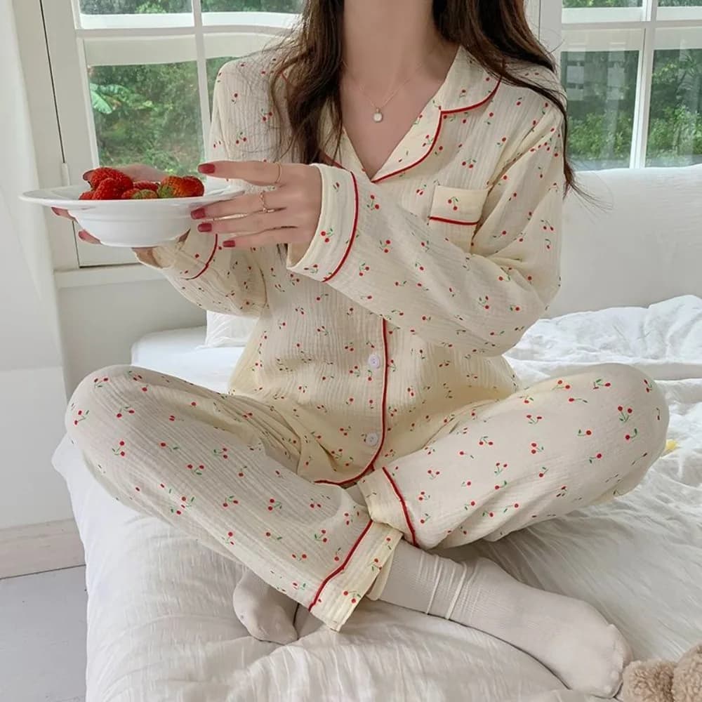 Mignon à volants cerise pyjamas femmes revers ample deux pièces vêtements de nuit chemise de nuit do