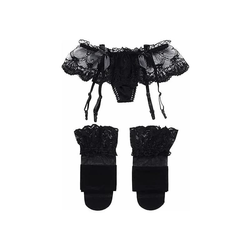 Ensemble porte-jarretelles et bas en dentelle pour femmes, culotte à bretelles en Jacquard, Mini jup