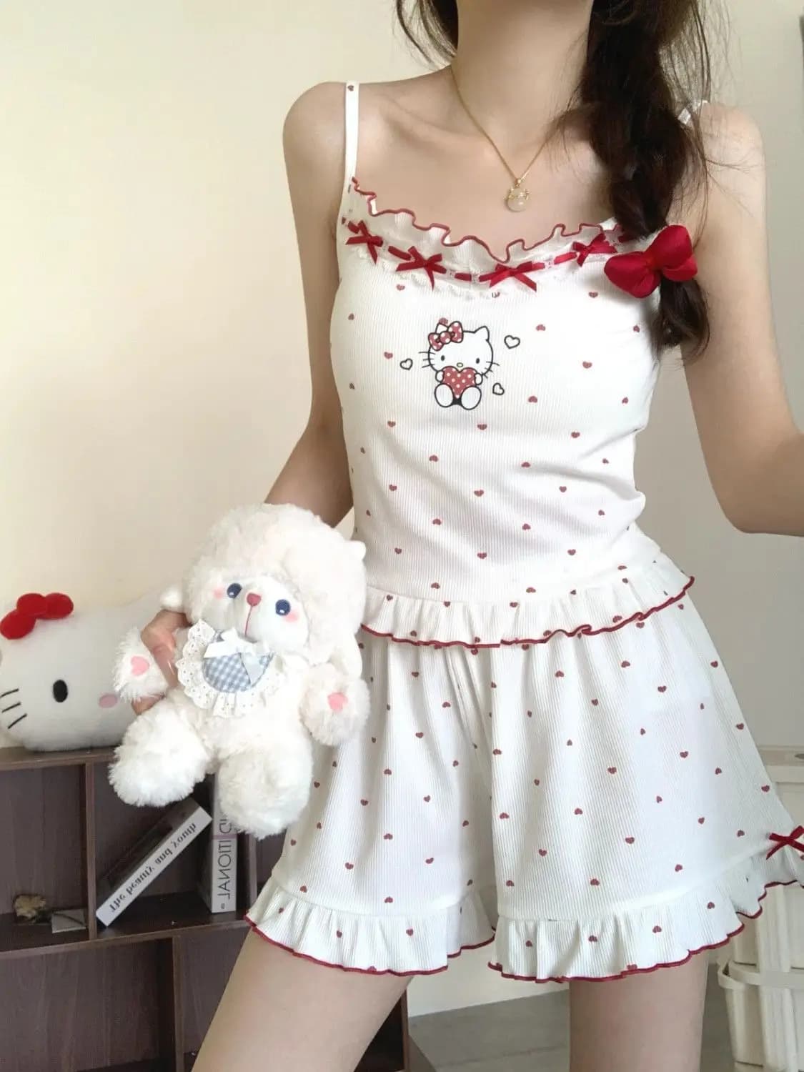 Ensemble pyjama d'été Hello Kitty pour femme, avec caraco et short, motif dessin animé mignon, souti