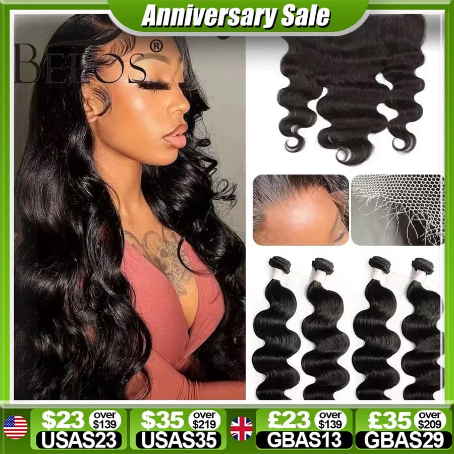 Perruque Lace Frontal wig naturelle Body Wave – BEEOS, cheveux humains, 13x6 HD, Extension de tissag