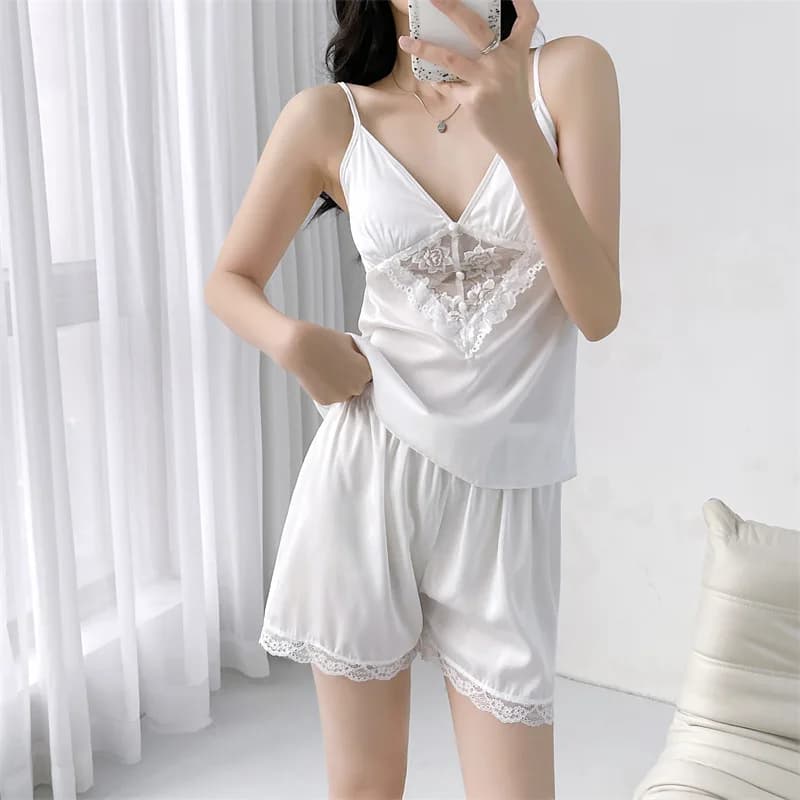 Ensemble pyjama à bretelles Sexy, Lingerie intime, vêtements de nuit en dentelle pour femmes, camiso