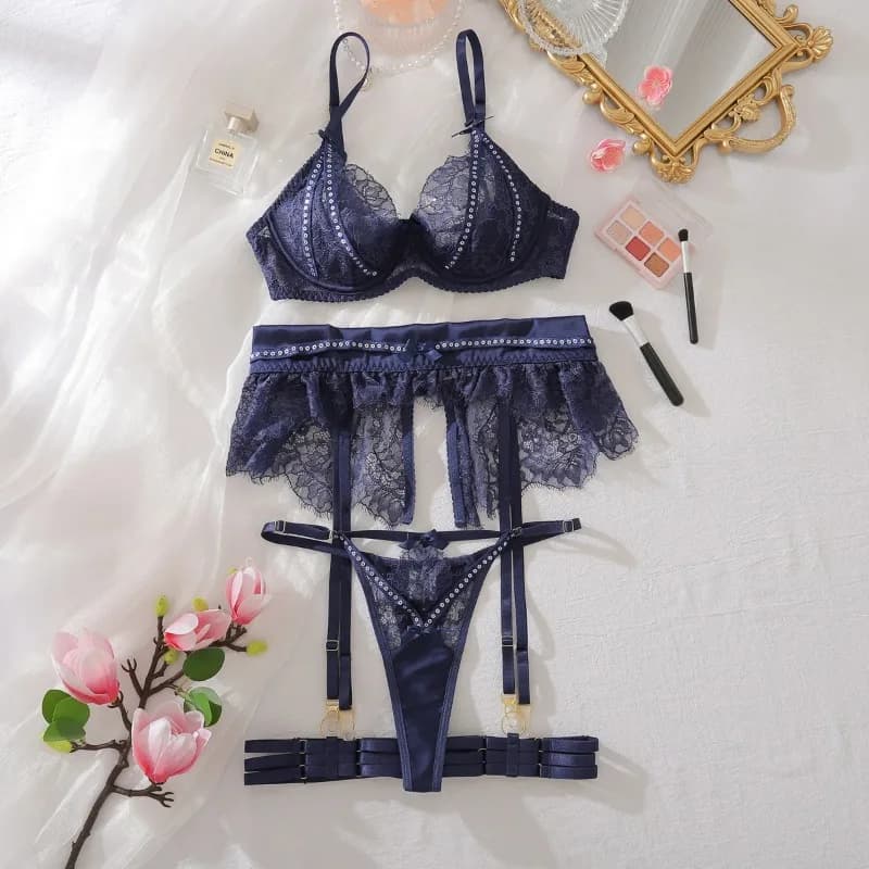 Ensembles de lingerie pour femmes, soutien-gorge à paillettes de luxe, ceinture, string, 3 pièces av