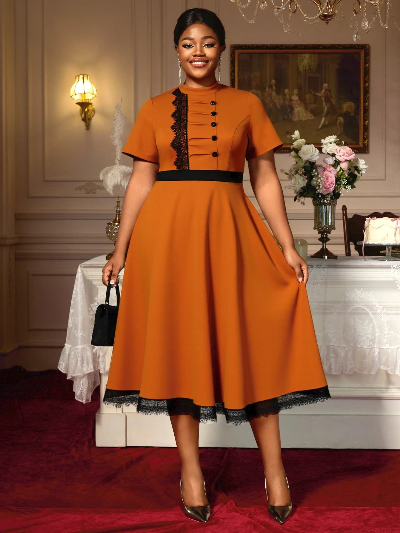 Robe trapèze de style vintage pour femme avec bordure en dentelle et bouton sur le devant, parfaite 