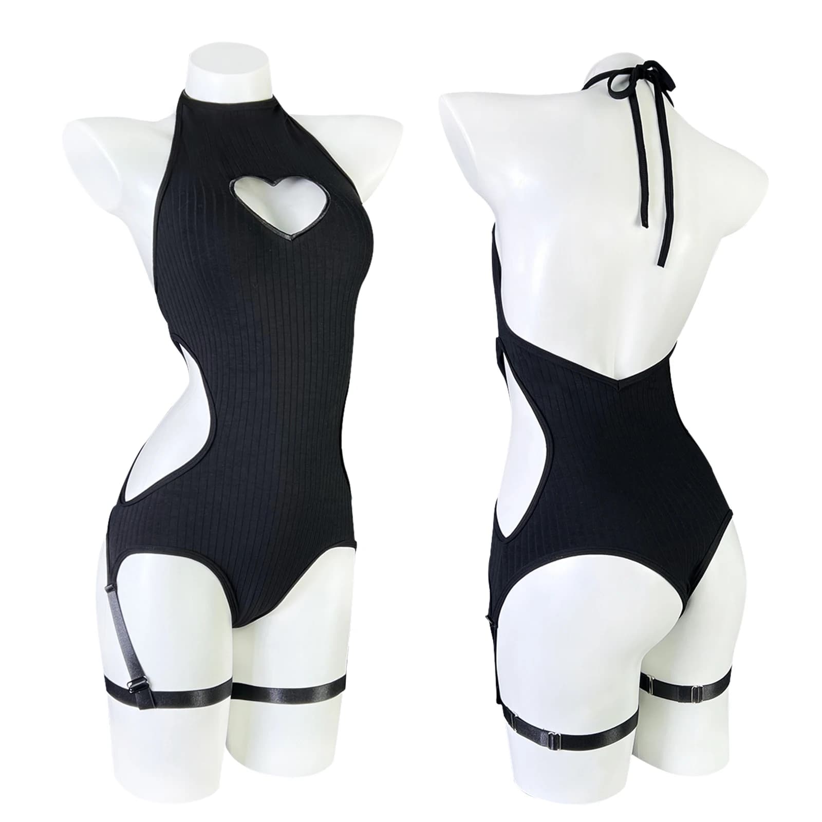 KORURACLUB femme lingerie noire tricot dos nu body corset coeur forme haut sexy egirl combinaison je