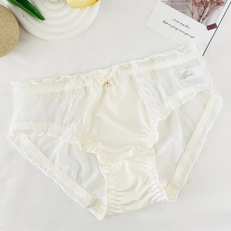 Culottes en dentelle taille basse pour femmes, en maille transparente avec nœud et perles, lingerie 