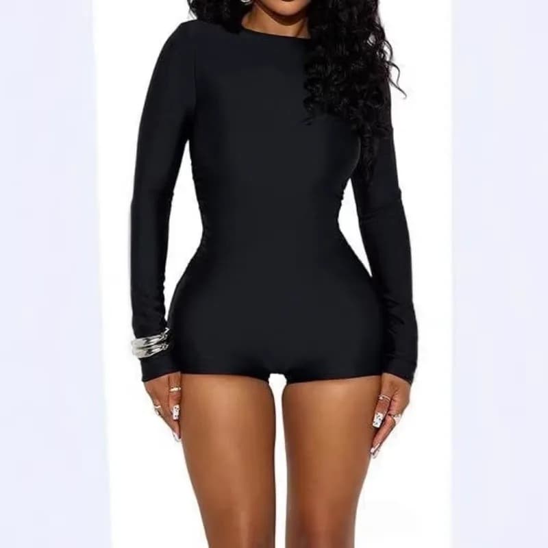 Combinaison moulante noire à manches longues pour femme, col rond, extensible, coupe ajustée, tenue