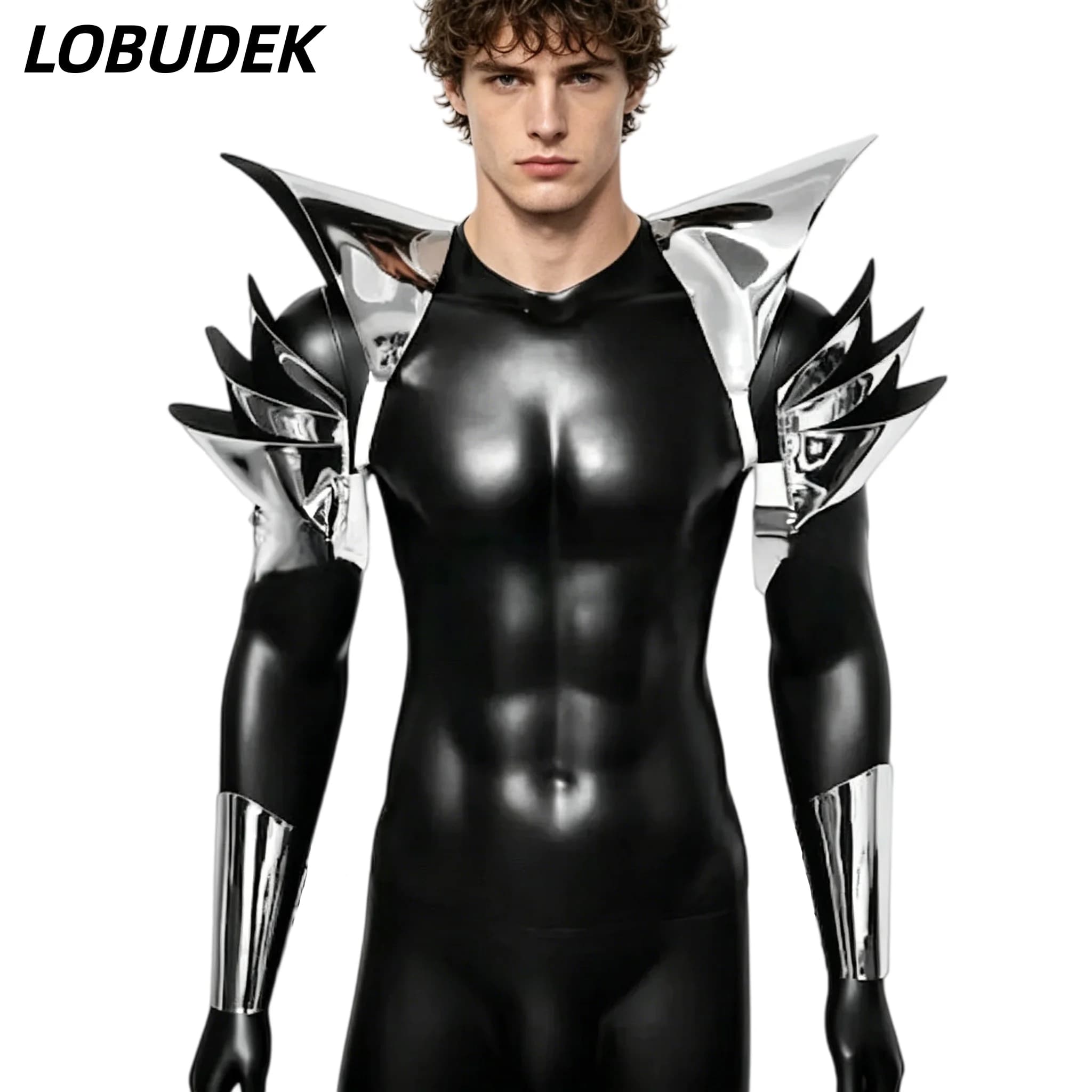 Armure d'épaule argentée, manchette, tenue de discothèque DJ DS Rave, Costume de scène pour homme, C