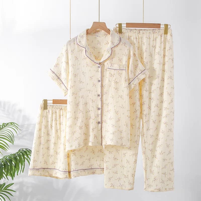 Vêtements de nuit en coton pour femmes, ensemble pyjama trois pièces, Style rustique, motif Floral, 