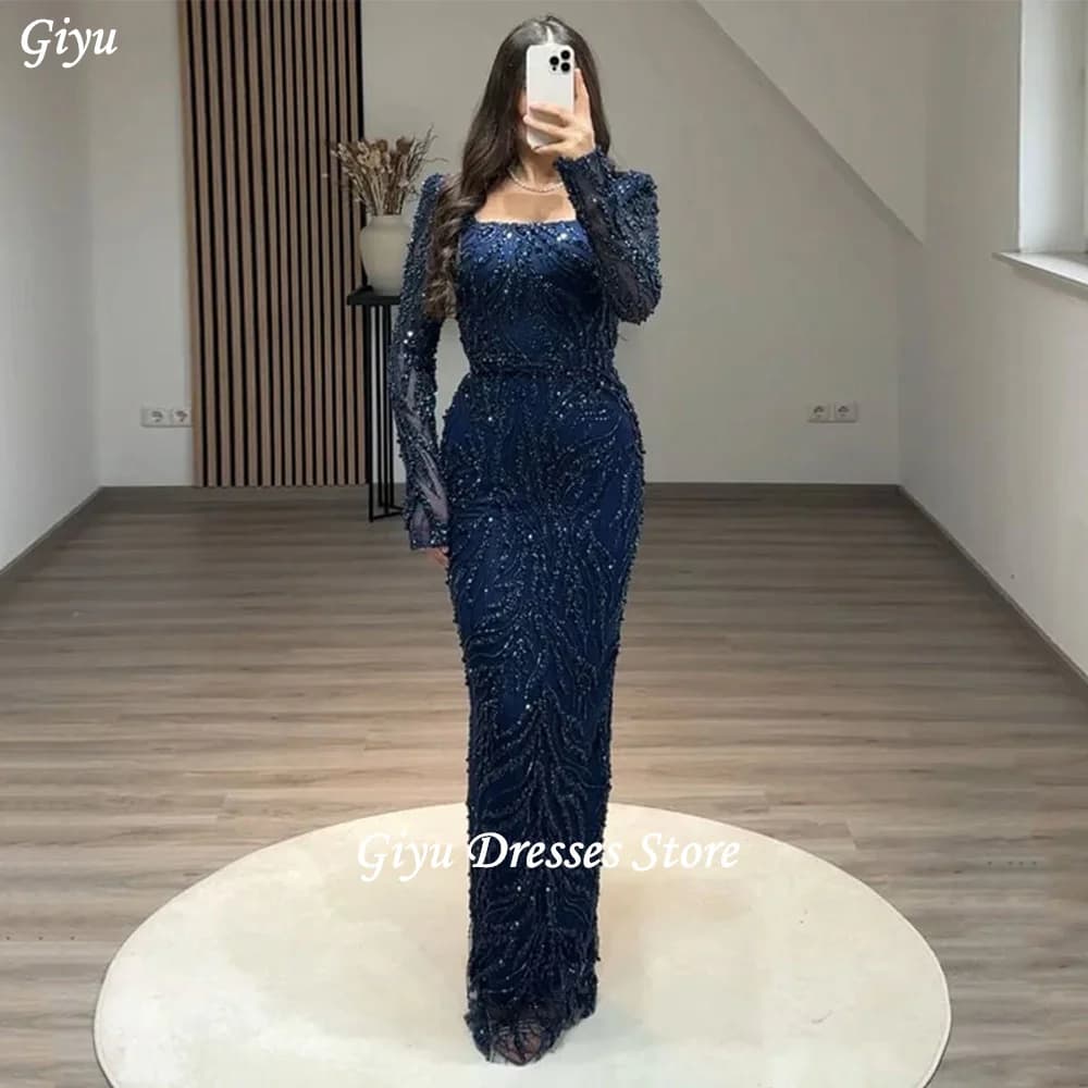 Giyu robe de soirée scintillante col carré manches longues perles paillettes gaine Pageant robe de s