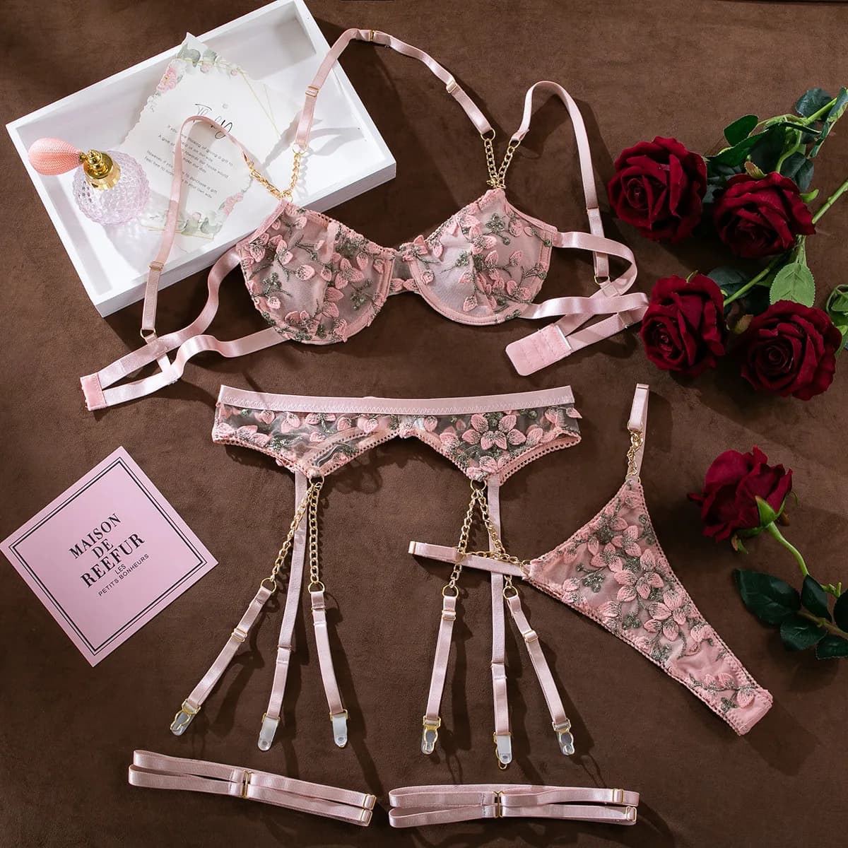 Soutien-gorge et culotte à lacets pour femmes, ensemble de lingerie sexy, broderie florale, sous-vêt