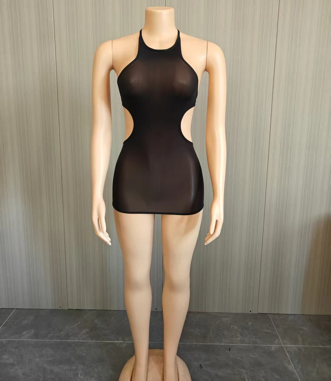 FLARORA Robe Mini Sexy Halter Dos Nu Femme en Maille Transparente Sans Manches Moulante pour Soirées
