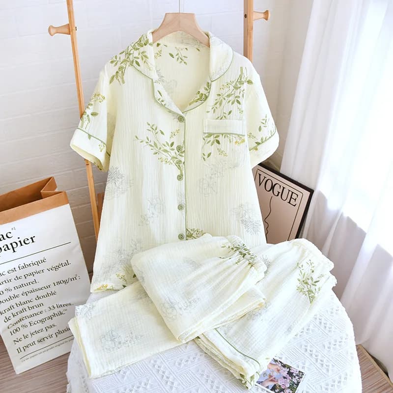 Ensemble pyjama trois pièces en crêpe de coton pur pour femme, manches courtes fines + Short + panta