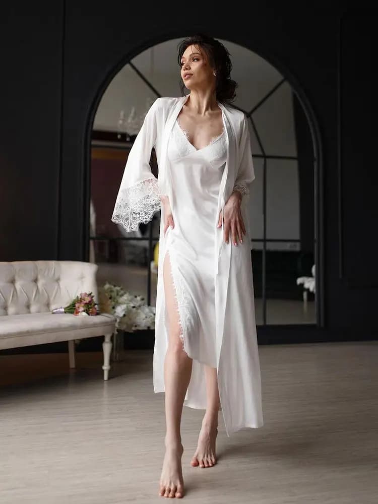 Ensemble de Nuisette et Peignoir en Soie Luxueux pour Femme, Ensemble de Peignoir en Soie, Lingerie 