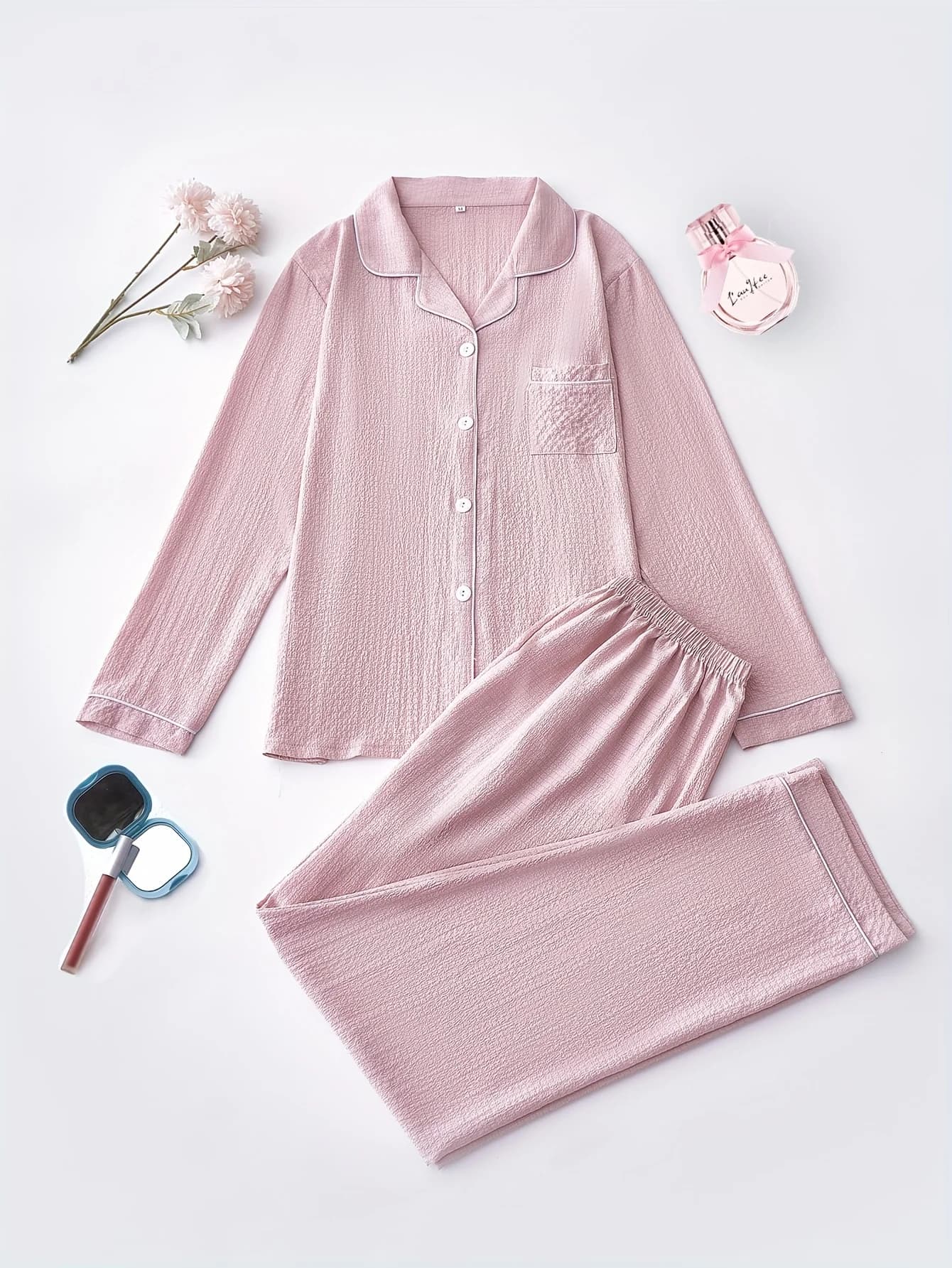 Ensemble de pyjama à manches longues pour femmes, haut décontracté à poches boutonnées pour document