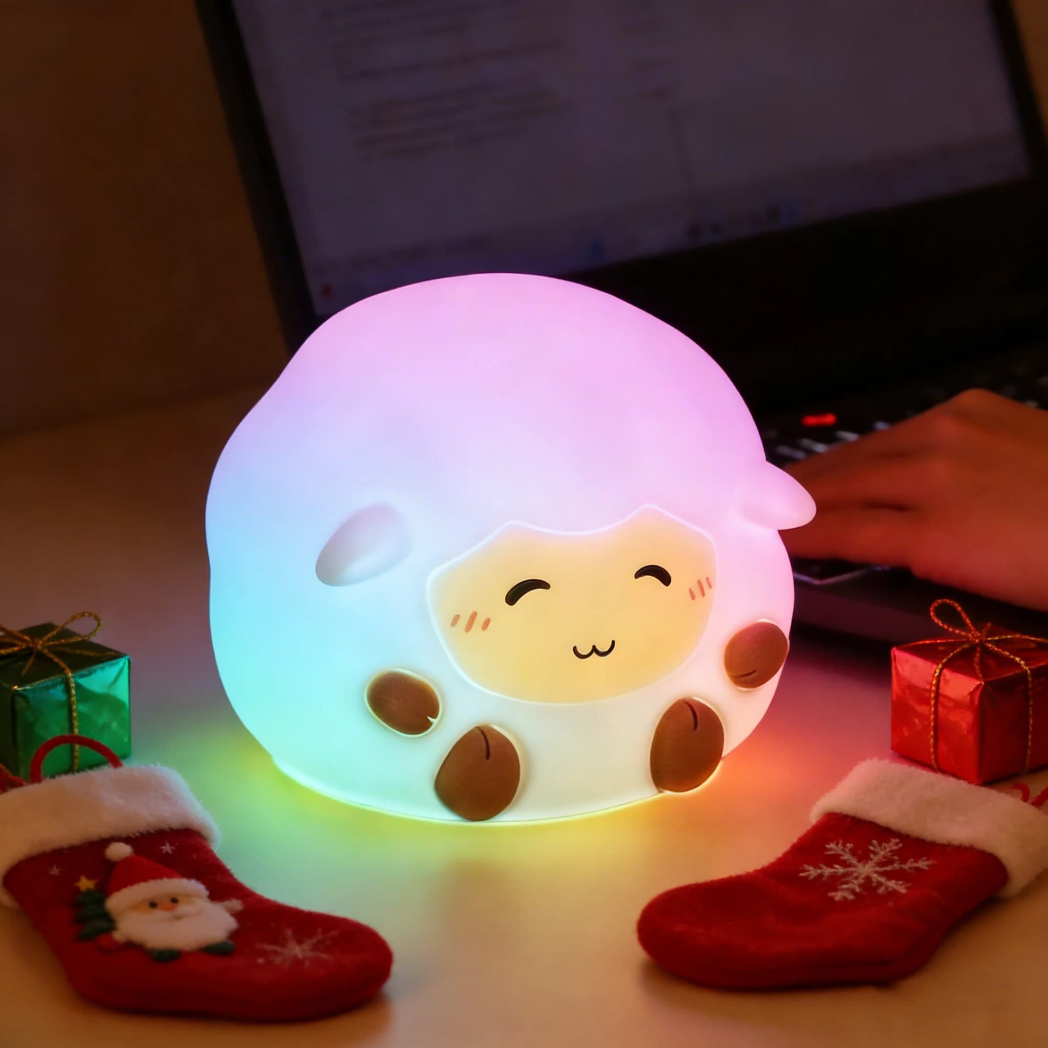 Veilleuse LED en silicone mignonne en forme de mouton, rechargeable par USB, à intensité variable, d