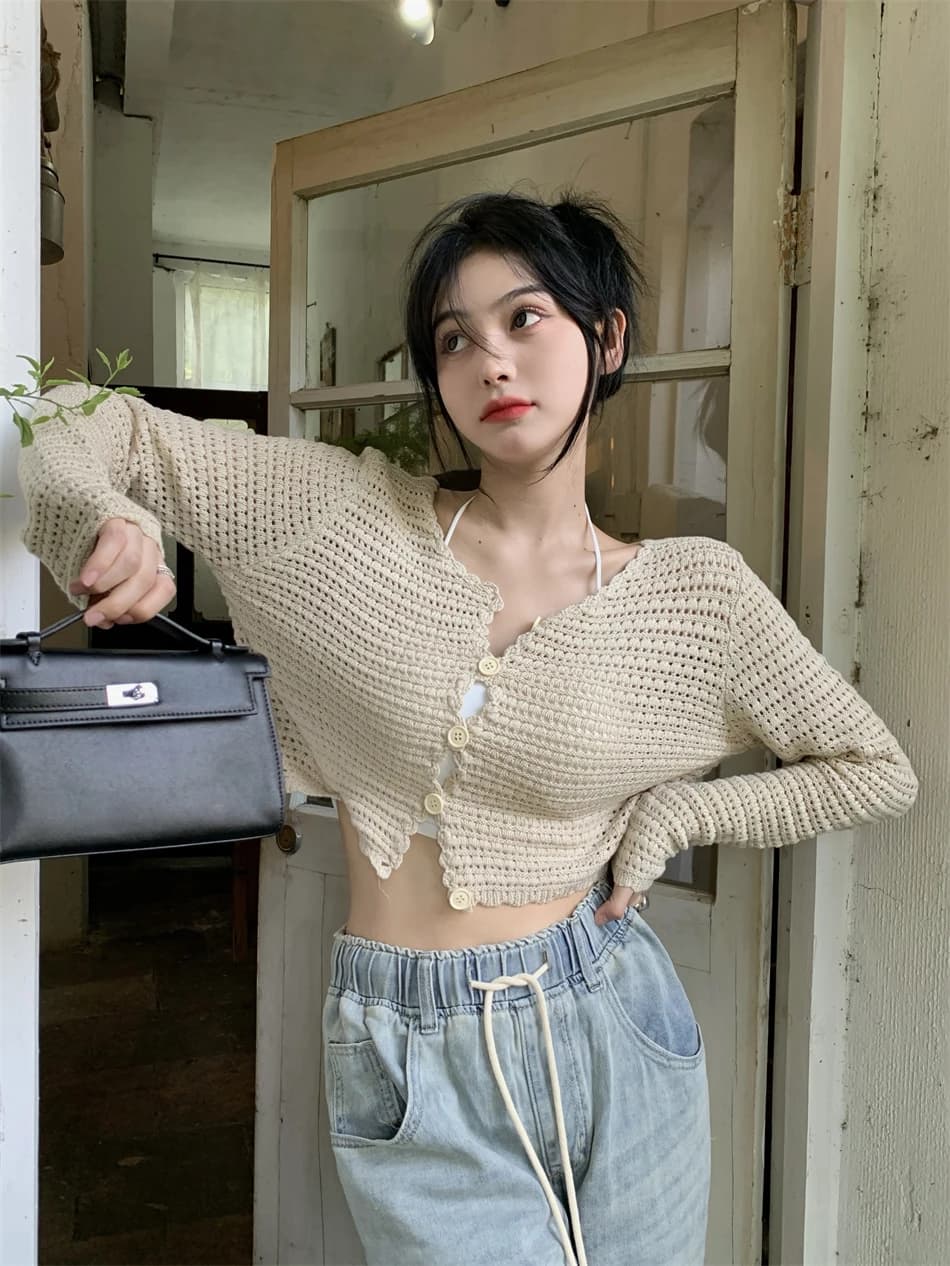 Pointelle Cardigan pour femmes à manches longues boutonné pull en tricot veste printemps été adolesc