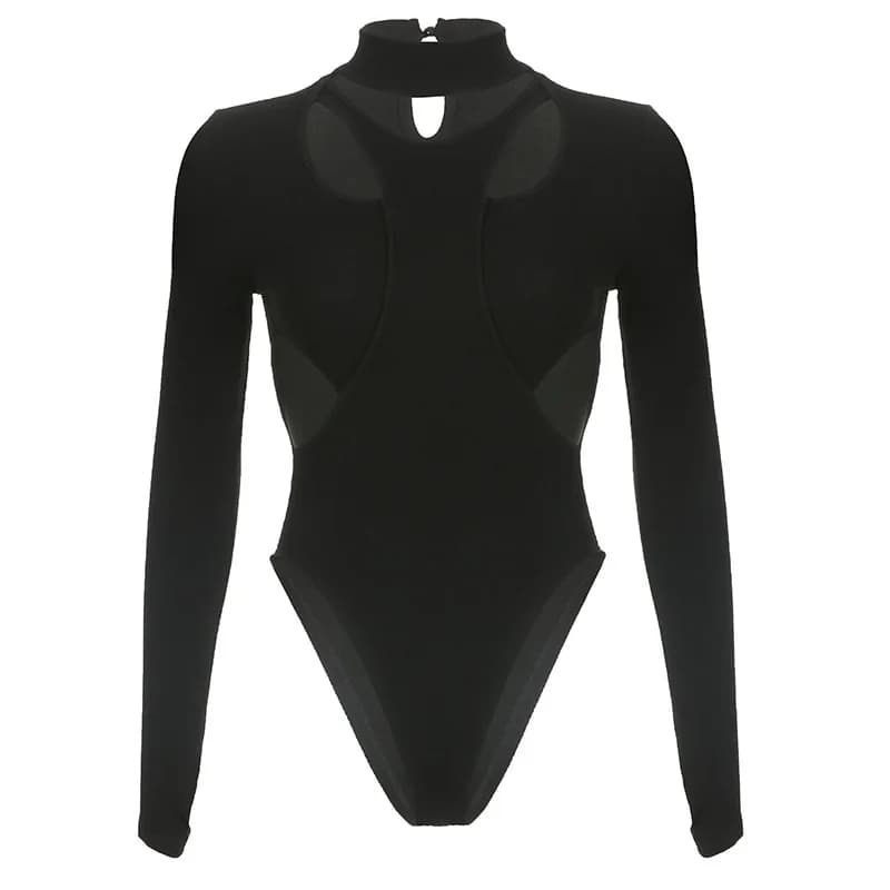 Lingerie noire Sexy évider body à manches longues body Para Mujer De Vestir Patchwork une pièce Lenc