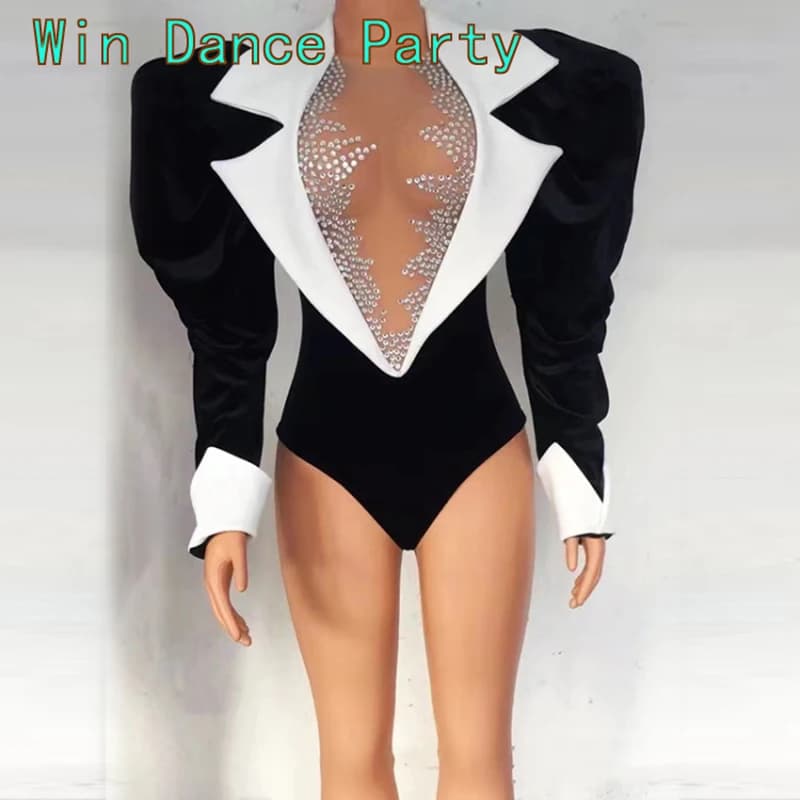 Body Sexy en velours noir à grandes manches, 2 pièces, jupe longue à queue, tenue de danse pour célé