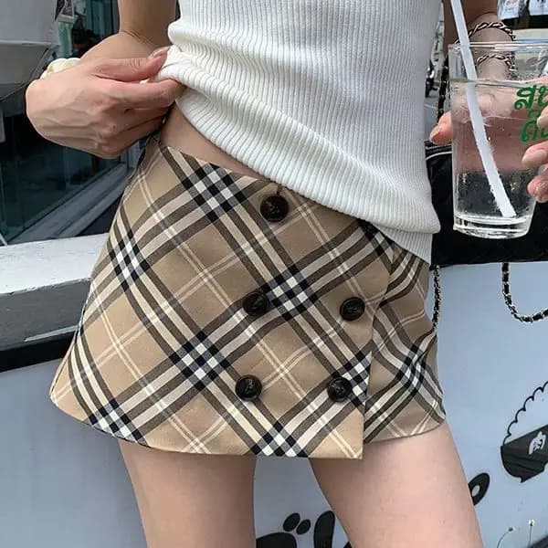 Jupe à carreaux kaki de type A pour femme, nouvelle jupe américaine tendance, taille basse, sexy et 