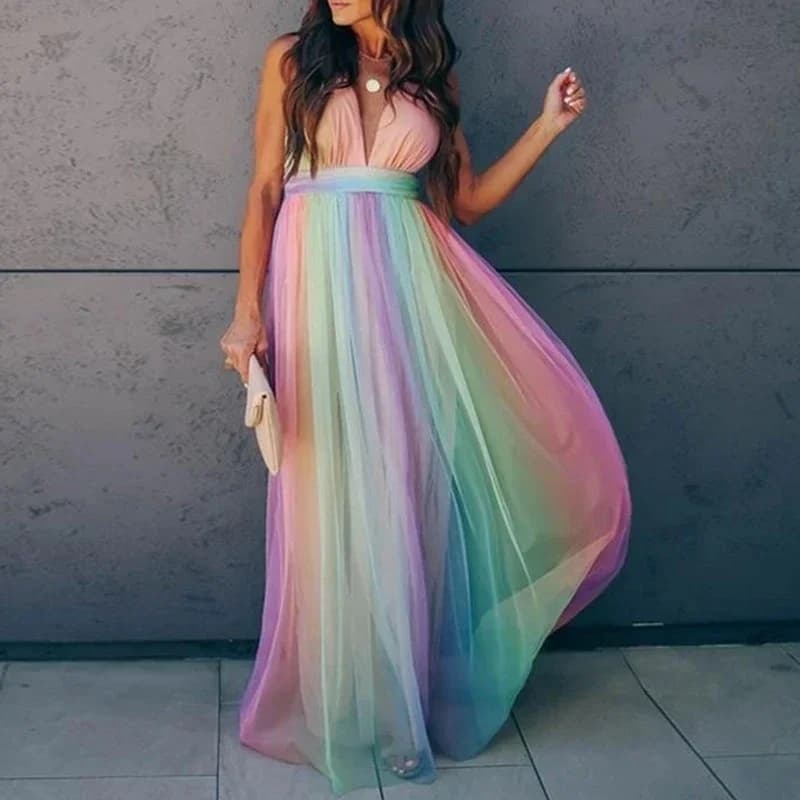 Robe à bretelles en maille arc-en-ciel, vêtements d'été pour femmes, longue robe de plage, robe à br