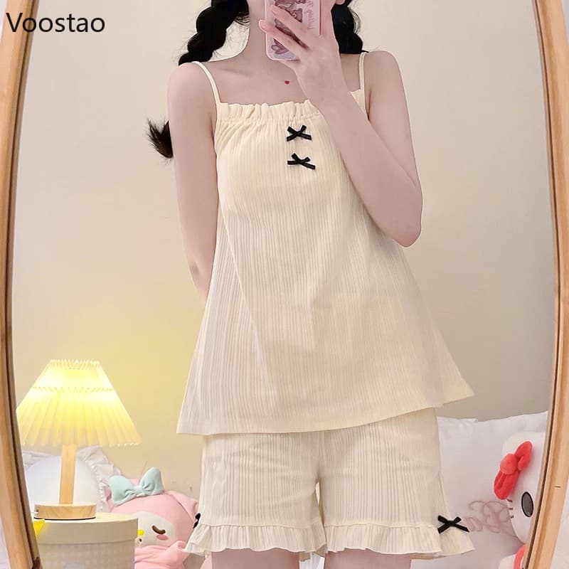 Ensemble de pyjama à nœud de style Lolita Kawaii japonais, short à volants en Y, vêtements d'intérie