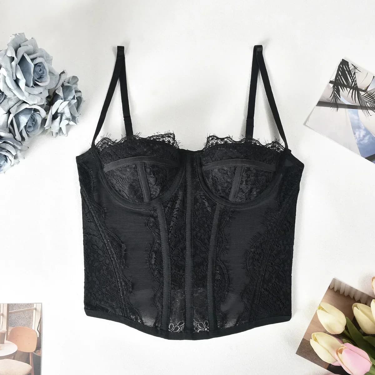 Corset Sexy en dentelle et maille pour femmes, bretelles Spaghetti, dos ouvert, désossé, Lingerie Sl