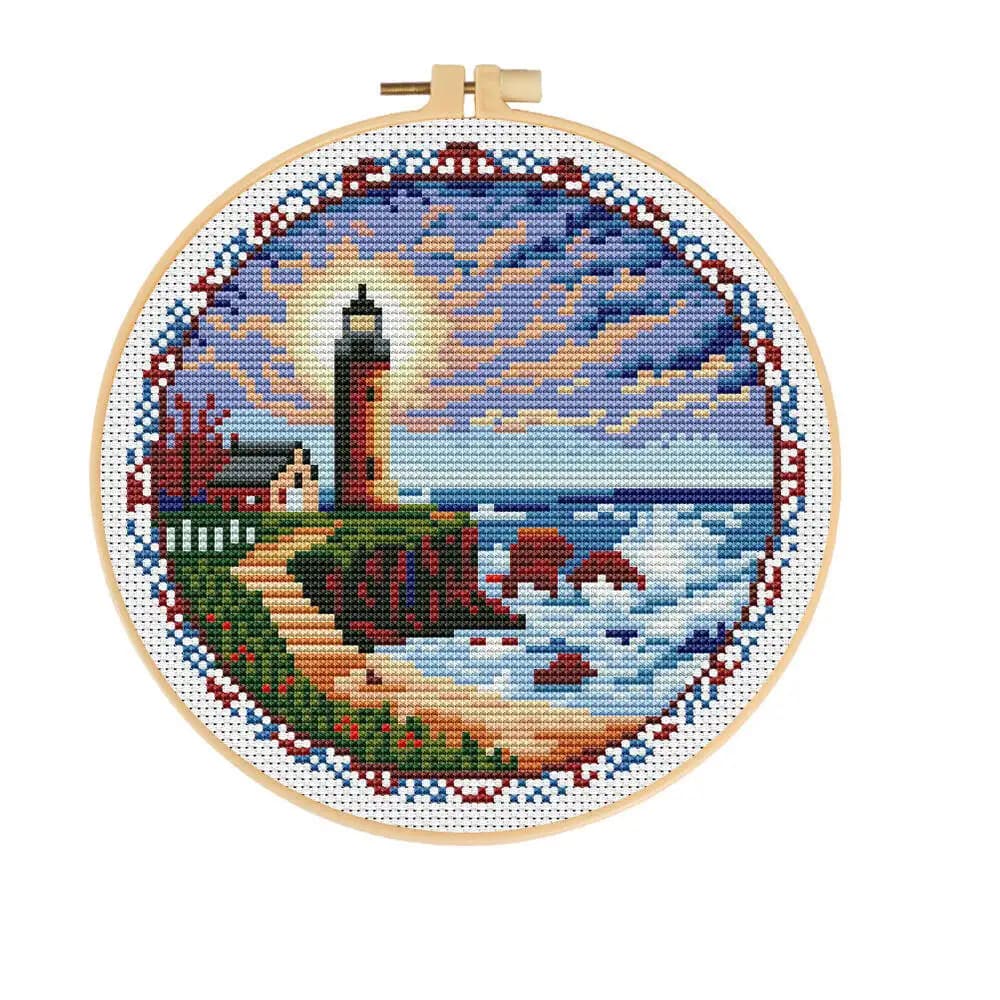 Phare en point de croix avec cerceau, outils 11CT, motif de paysage, bricolage, toile imprimée, déco